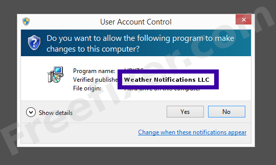 Screenshot where Weather Notifications LLC appears as the verified publisher in the UAC dialog